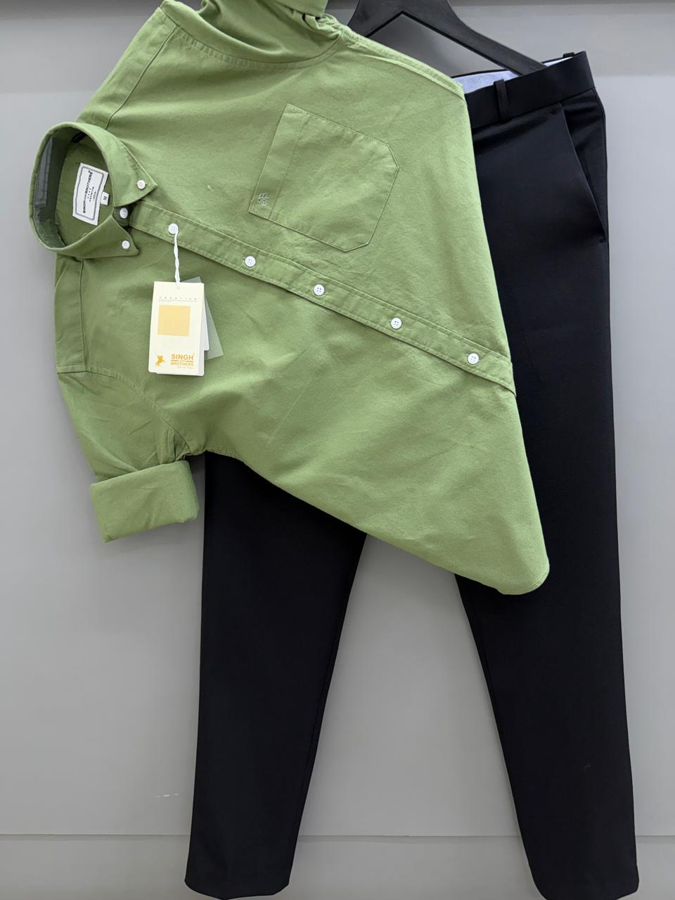 Olive Green Cotton Oxford Shirt With Black Formal Pant