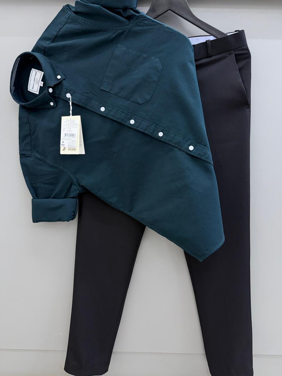 Bottle Green Cotton Oxford Shirt With Black Formal Pant