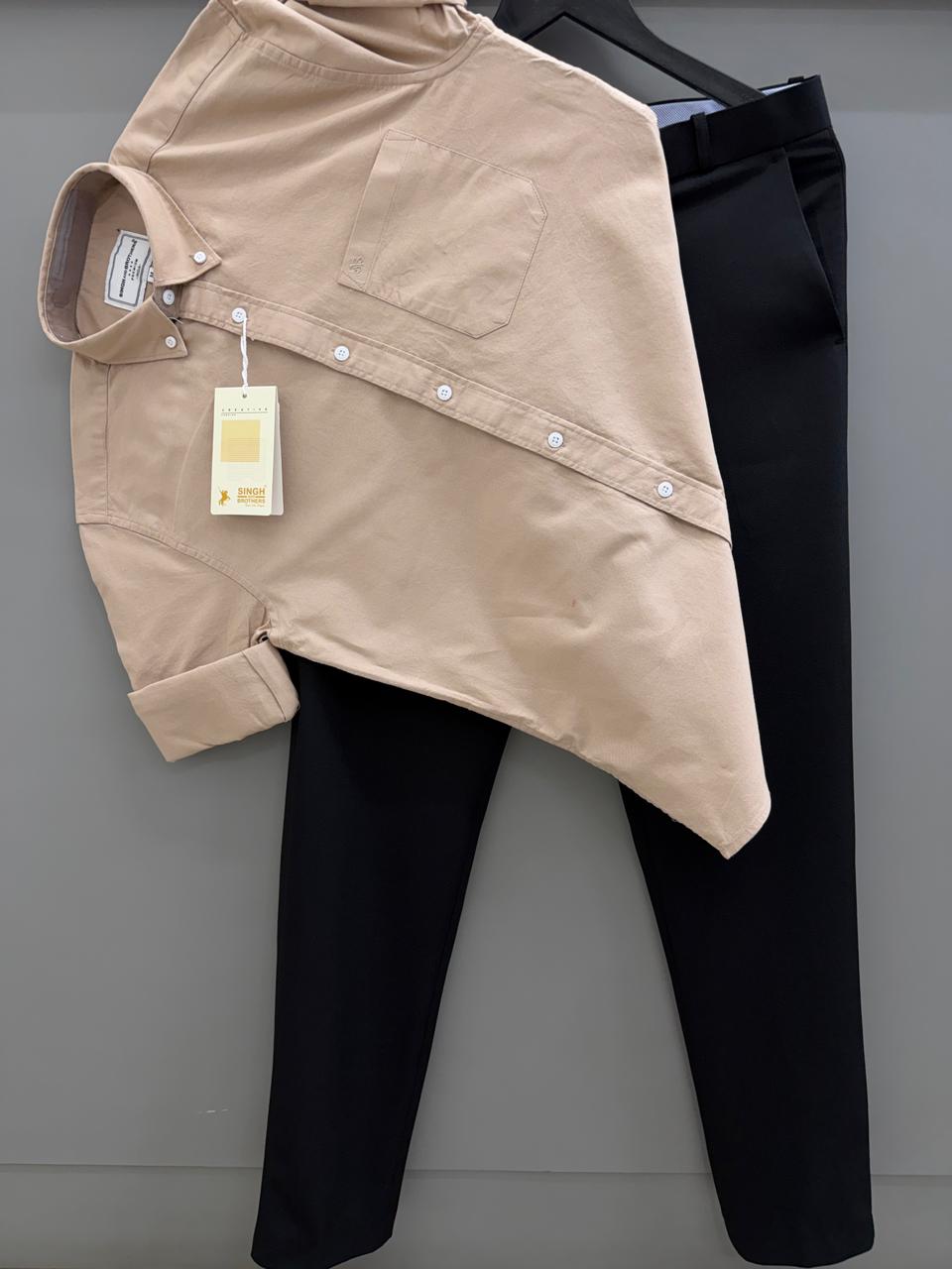Light Beige Cotton Oxford Shirt With Black Formal Pant