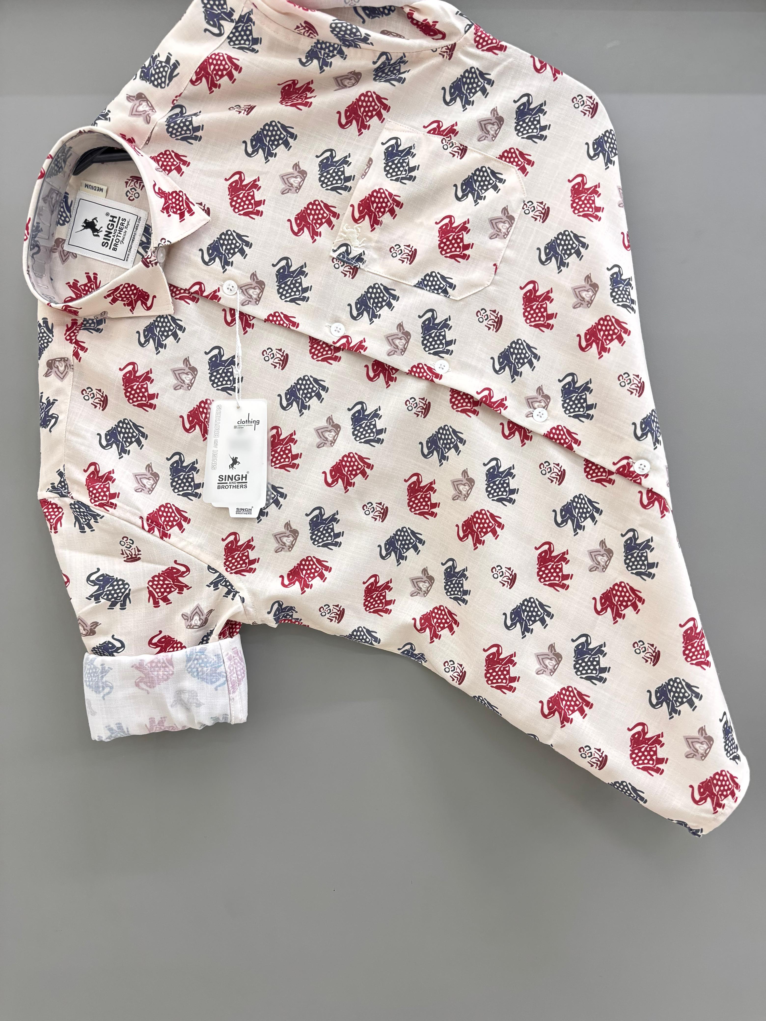 Cream Red Blue elephant Printed