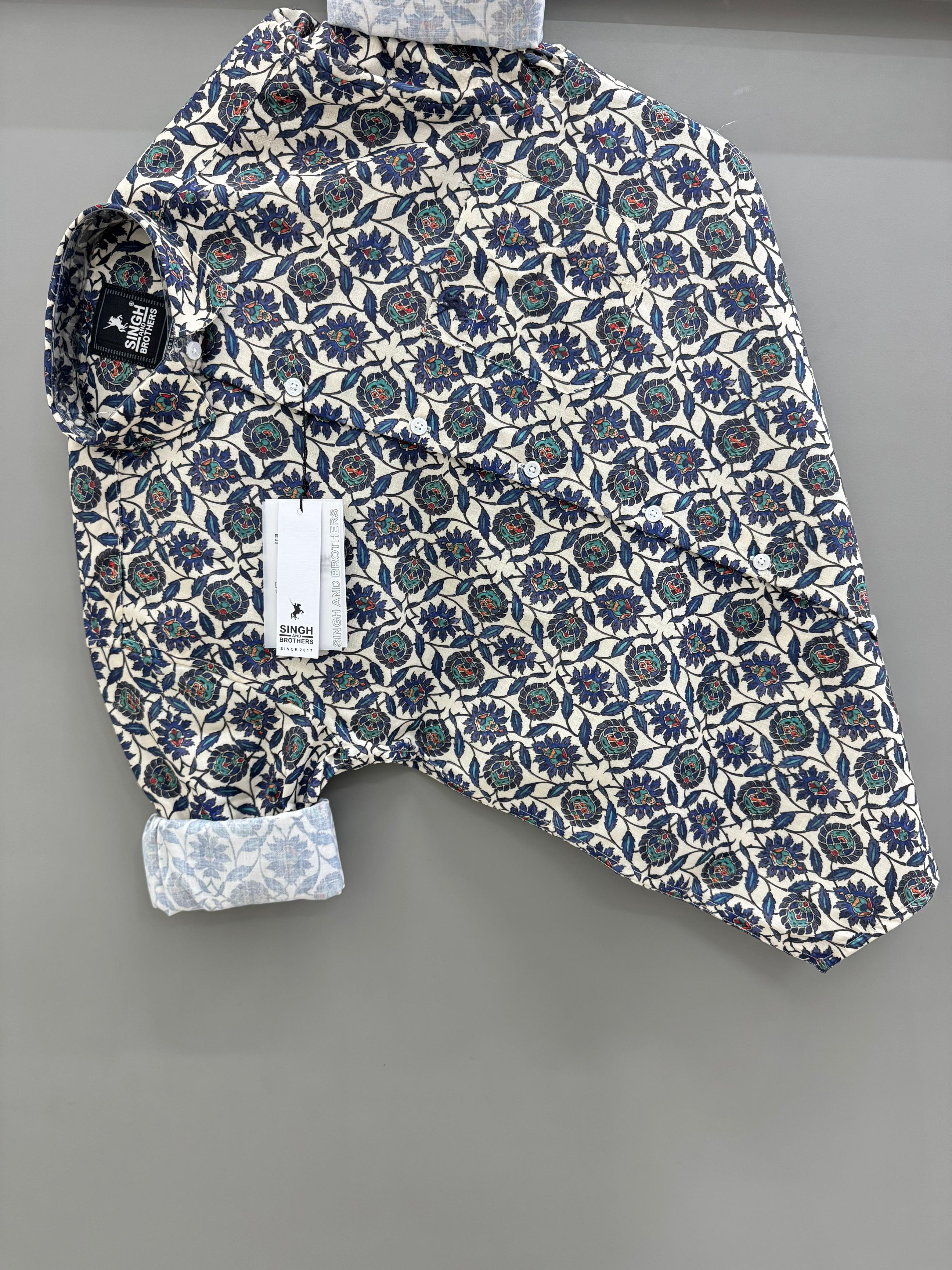 Cream Blue Flower Printed