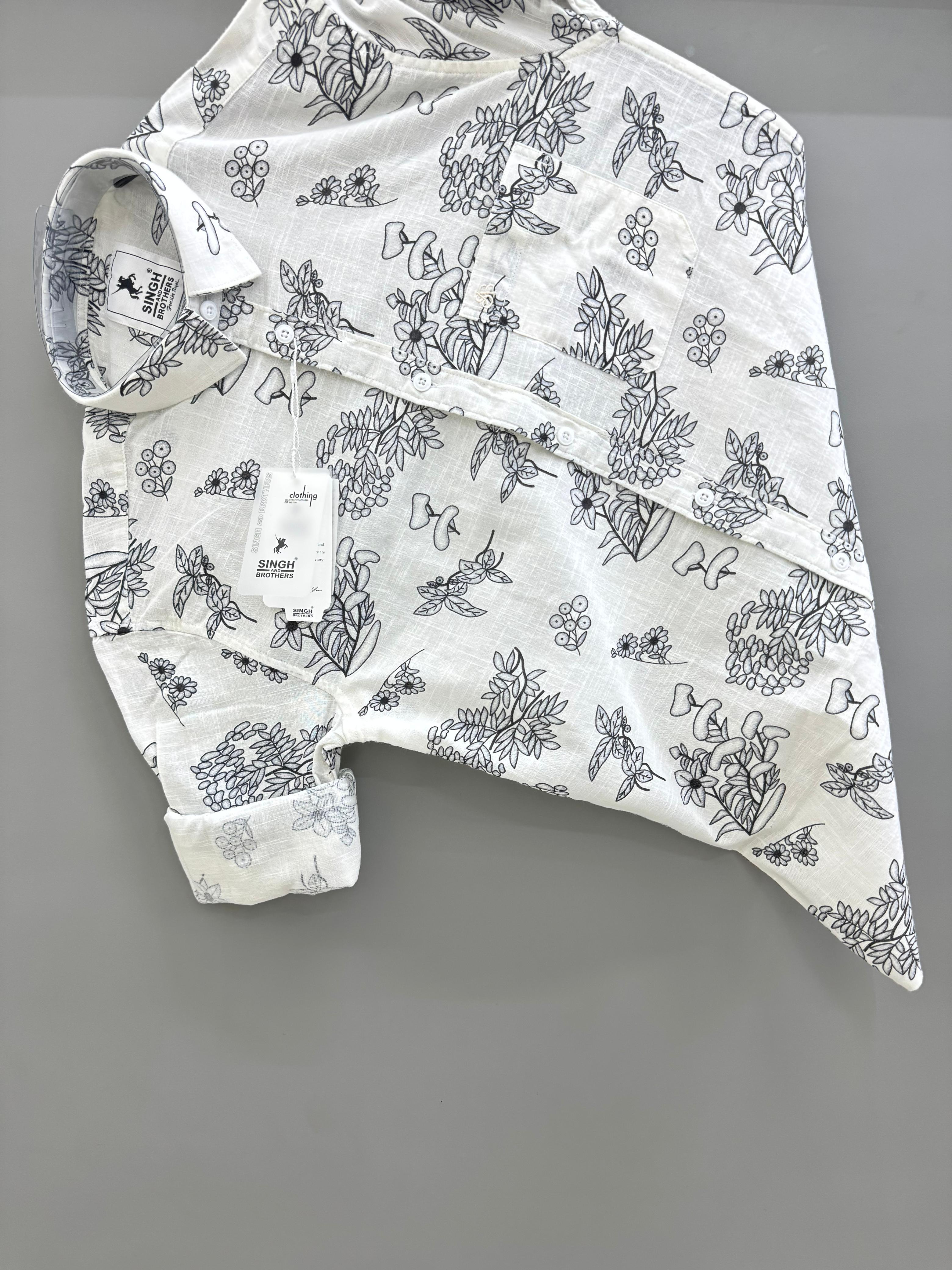 Linen white flower printed