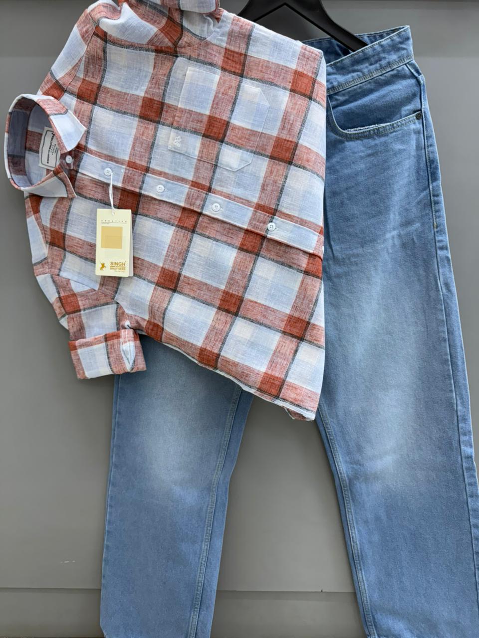 Linen Check Shirt with Baggy Pant