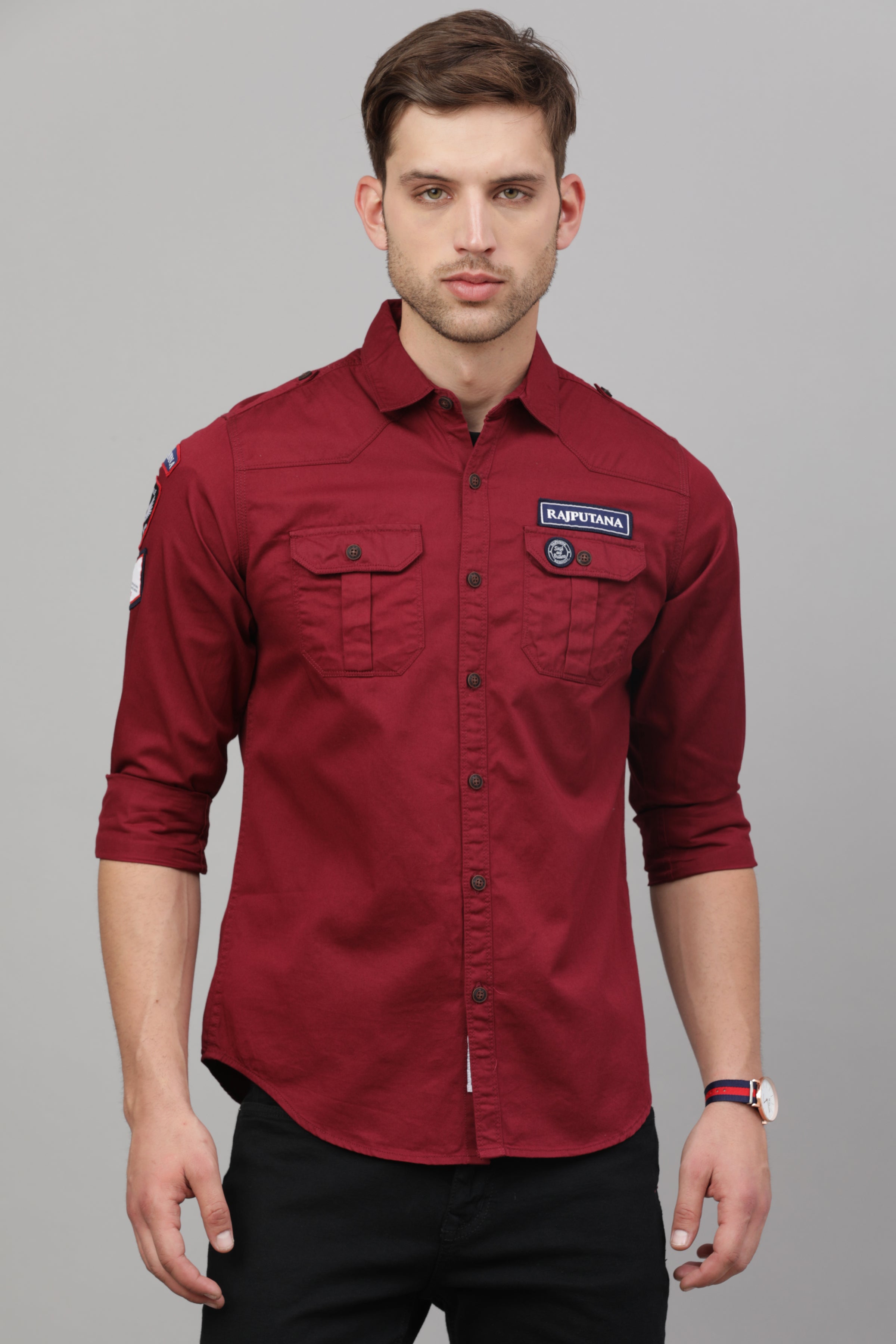 Buy Men's Side Patch Pocket Maroon Shirt Online | SNITCH